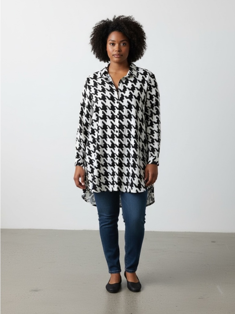 Compli K Houndstooth tunic large flowy cardigan NWT blouse Lagenlook button up